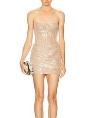 Beige Sheer Sequined Corset Draped Mini Dress