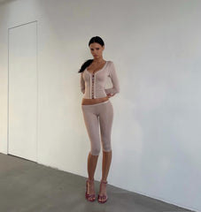 Lace Trim Button Front Cropped Top And Capri Pants Set