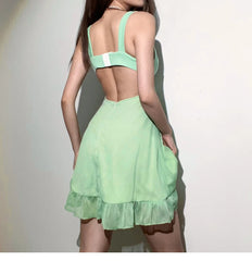 Green Mesh Spliced Mini Sling Dress