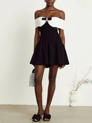 Ribbed Off-Shoulder Diamond Bow Dress