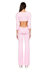 Pink Knitted Twisted Long Sleeve Cropped Top and Flared Pants Bow Set