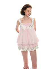 Pink Sleeveless Square Neck Polka Dot Top And Mini Skirt Set