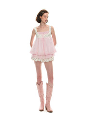 Pink Sleeveless Square Neck Polka Dot Top And Mini Skirt Set