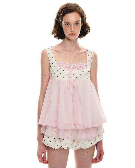 Pink Sleeveless Square Neck Polka Dot Top And Mini Skirt Set