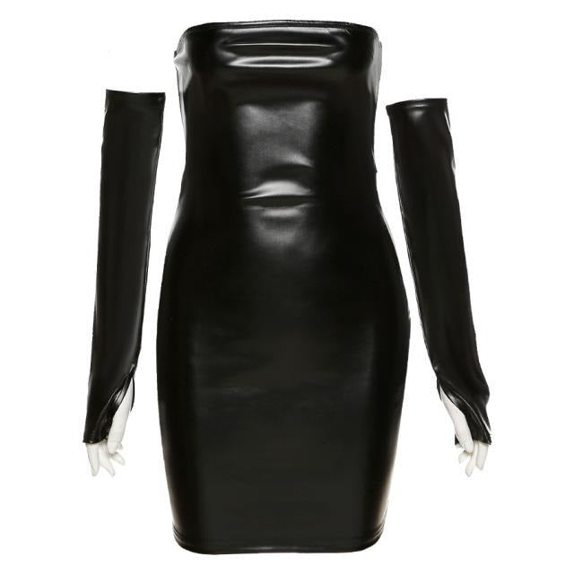 Loey Strapless Faux Leather Dress with Matching Gloves