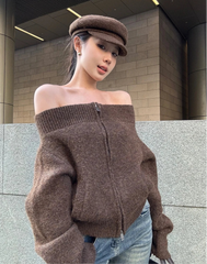 Women's off-the-shoulder knit jacket with a zipper.