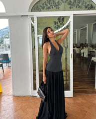 Black Polka Dot Halter Maxi Dress