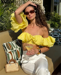 Women's off-shoulder ruffle crop top.

