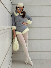 Grey Button Up Fur Trim Collar Crop Jacket And Shorts Set