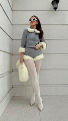 Grey Button Up Fur Trim Collar Crop Jacket And Shorts Set