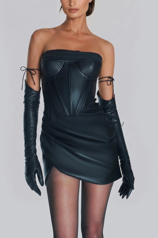 Black PU Leather Cinched Waist Pleated Mini Dress with Gloves