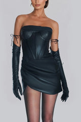 Black PU Leather Cinched Waist Pleated Mini Dress with Gloves