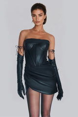 Black PU Leather Cinched Waist Pleated Mini Dress with Gloves
