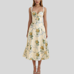 Yellow Floral Print Sweetheart Neckline Strap Midi Dress