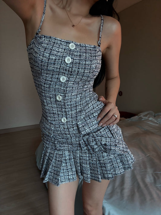 Grey Tweed Knitted Strap Mini Dress