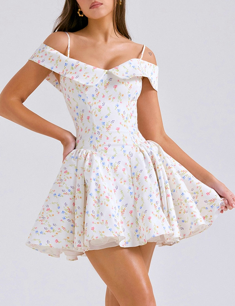 Retro Blossom Printed Off The Shoulder Mini Dresses For Women