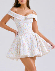 Retro Blossom Printed Off The Shoulder Mini Dresses For Women