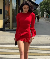 Bodycon Long Sleeve High Ruched Side Mini Dress