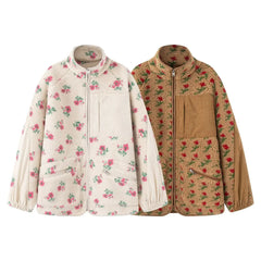 Floral Plush Zipper Pockets Jacket