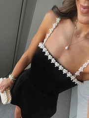 Pearl Strap Velvet Black Mini Dress
