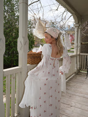 White Floral Square Neck Long Puff Sleeve Maxi Dress