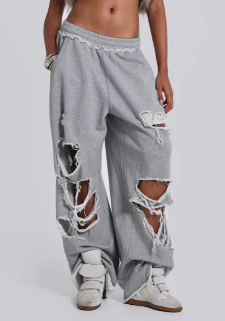 Grey Distressed Holes Sweatpants