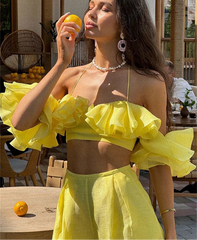Women's off-shoulder ruffle crop top.

