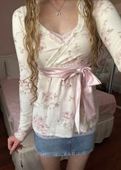 White Babydoll Pink Ribbon Floral Print Long Sleeve Top