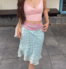Satin Blue Polka Dot Lace Trim Midi Skirt