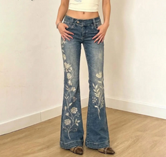 Low Waist Floral Embroidery Flare Denim Jeans