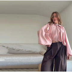 Short Pink Balloon Sleeve Bomber Pleated Zipper Jacket