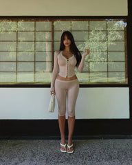 Lace Trim Button Front Cropped Top And Capri Pants Set
