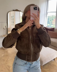 Faux Suede Stand Collar Zip Up Bomber Jacket