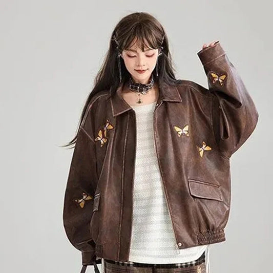 Brown Embroidery Butterfly Faux Leather Bomber Jacket