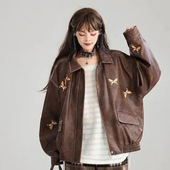 Brown Embroidery Butterfly Faux Leather Bomber Jacket