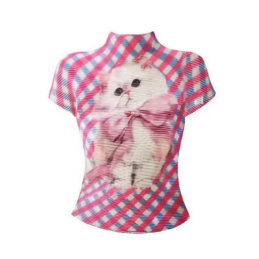Pink Plaid Graphic Cat High Neck Short Sleeve Top
