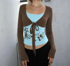 Floral Print Front Tie Long Sleeve T-shirt