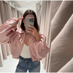 Short Pink Balloon Sleeve Bomber Pleated Zipper Jacket
