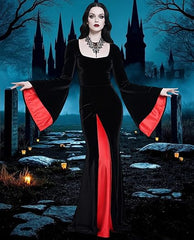 “Long black Addams Family cosplay gown with dramatic sleeves”