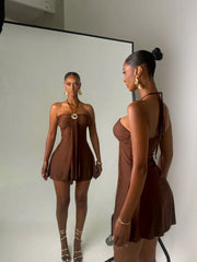 Halter Tie Decorative Pendant Draped Mini Dress