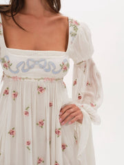 White Floral Bow Print Square Neck Long Puff Sleeve Maxi Dress