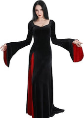 “Morticia Addams black cosplay dress with red accents and flare sleeves”