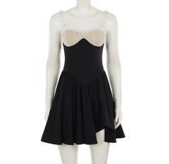 Tie Up Straps Lace Bust Patchwork A-line Mini Dress