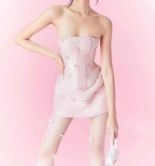Pink Heart Bow Tube Corset Top and Mini Skirt Set