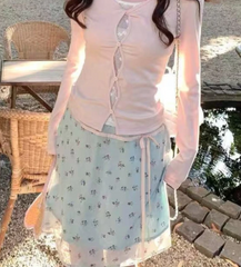 Blue Floral Print Bow Waist Short Skirt