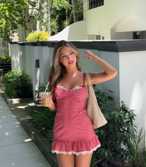 Red Plaid Lace Trim Hem Mini Spaghetti Strap Dress