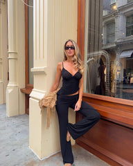 Black Mesh Camisole Top and Low-Rise Flared Pants Set