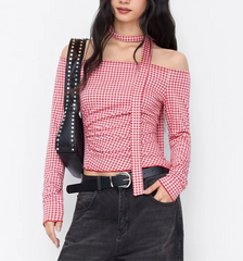 Red Off Shoulder Plaid Top With Ribbon Scarf