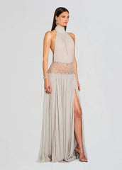 Grey Rhinestone Waist Band Detail Tie Up Backless Mesh Maxi Dress