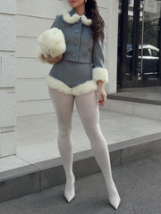 Grey Button Up Fur Trim Collar Crop Jacket And Shorts Set